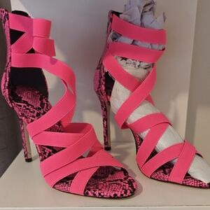 Jessica Simpson JYRA Neon Pink Elastic Strappy Heels ith Python Print SIZE 9